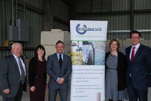 Marking the launch of the trial (l-r) Councillor Bryan Jones, Monmouthshire county council; Rachel Jowitt, Monmouthshire county council; Paul Richardson, Knowaste; Jane Cherrington, Cardiff city council; James Kay, Resource Efficiency Wales